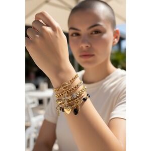 Chloe Accessory Gold Tone Charm Bracelet Set 6pc Cross Heart Key Beaded Stack